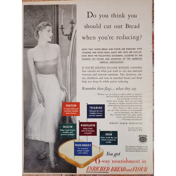 1950 Wheat Flour Institute Bread Elegant Woman - Diet Advice - Vtg Print Ad - Picture 1 of 6